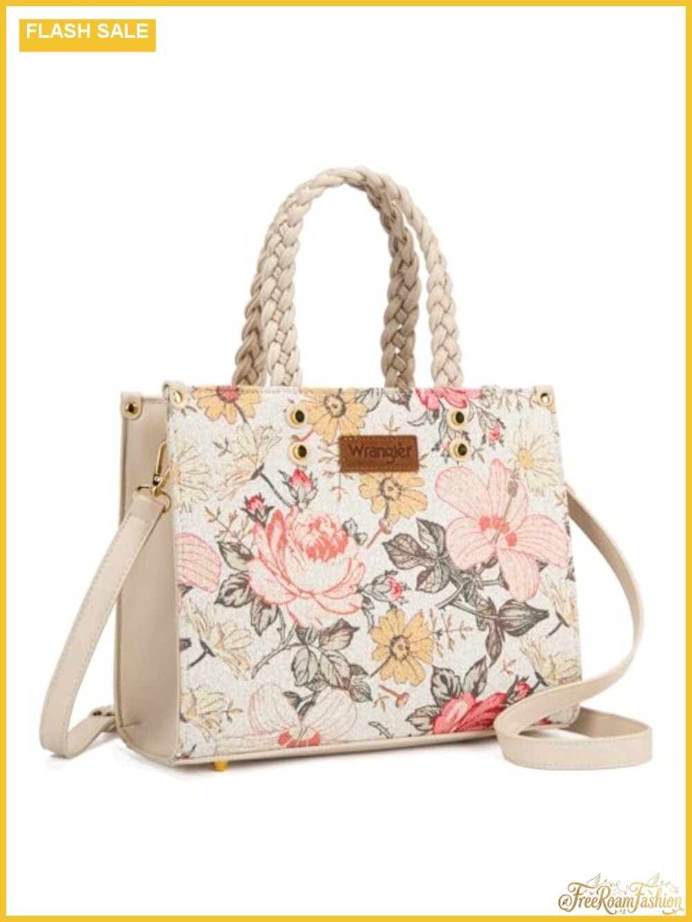 Wrangler Floral Tote Bag for Women PU Leather Braided Handbag Detachable Strap